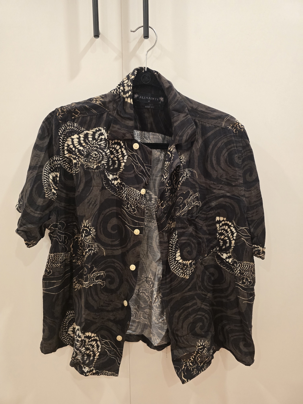 All Saints Black Shirt with Ivory Dragon Print